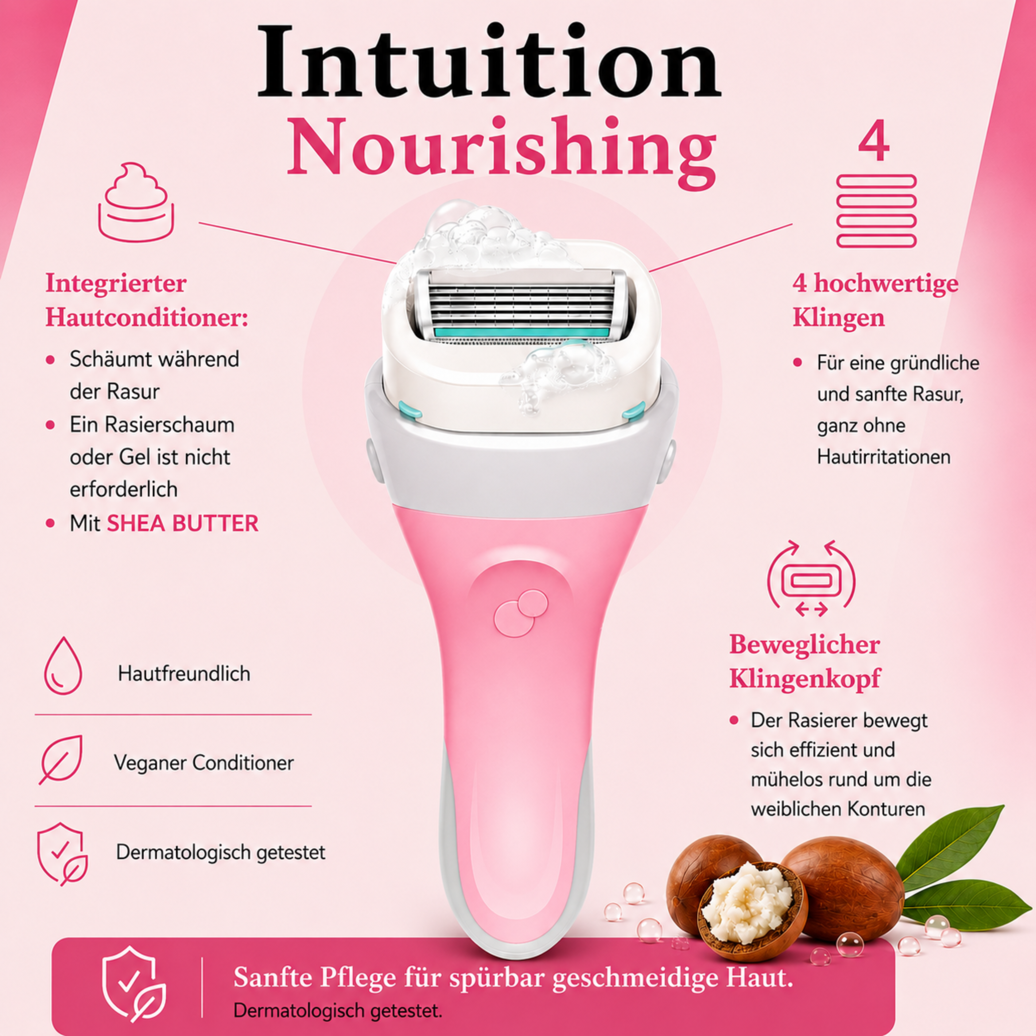 Wilkinson Sword Intuition Nourishing Rasierer mit integriertem Hautconditioner, 4 Präzisionsklingen, beweglichem Klingenkopf und Shea Butter für eine sanfte Damenrasur