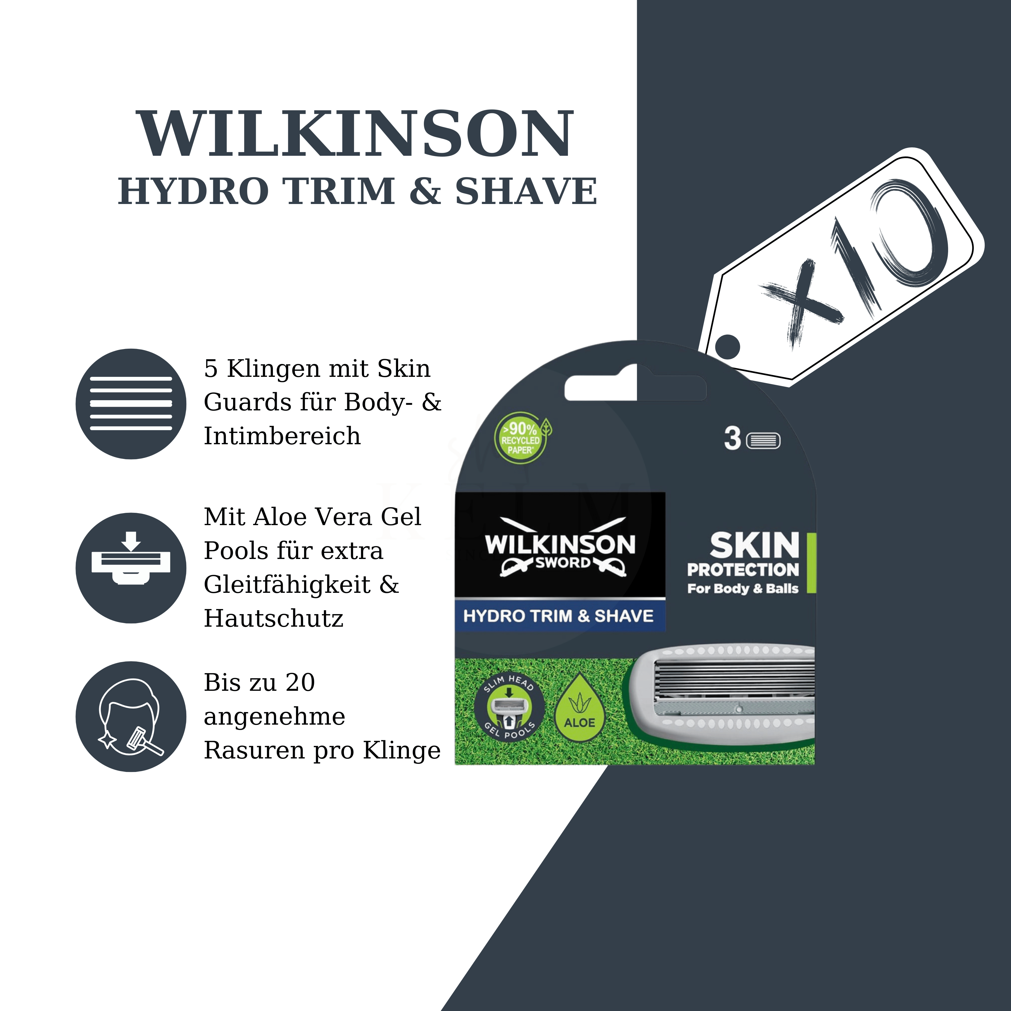 Wilkinson Sword Hydro Trim & Shave Rasierklingen 30 Stück Bundle (10x 3er Pack) Skin Protection Ersatzklingen für Body und Intimbereich