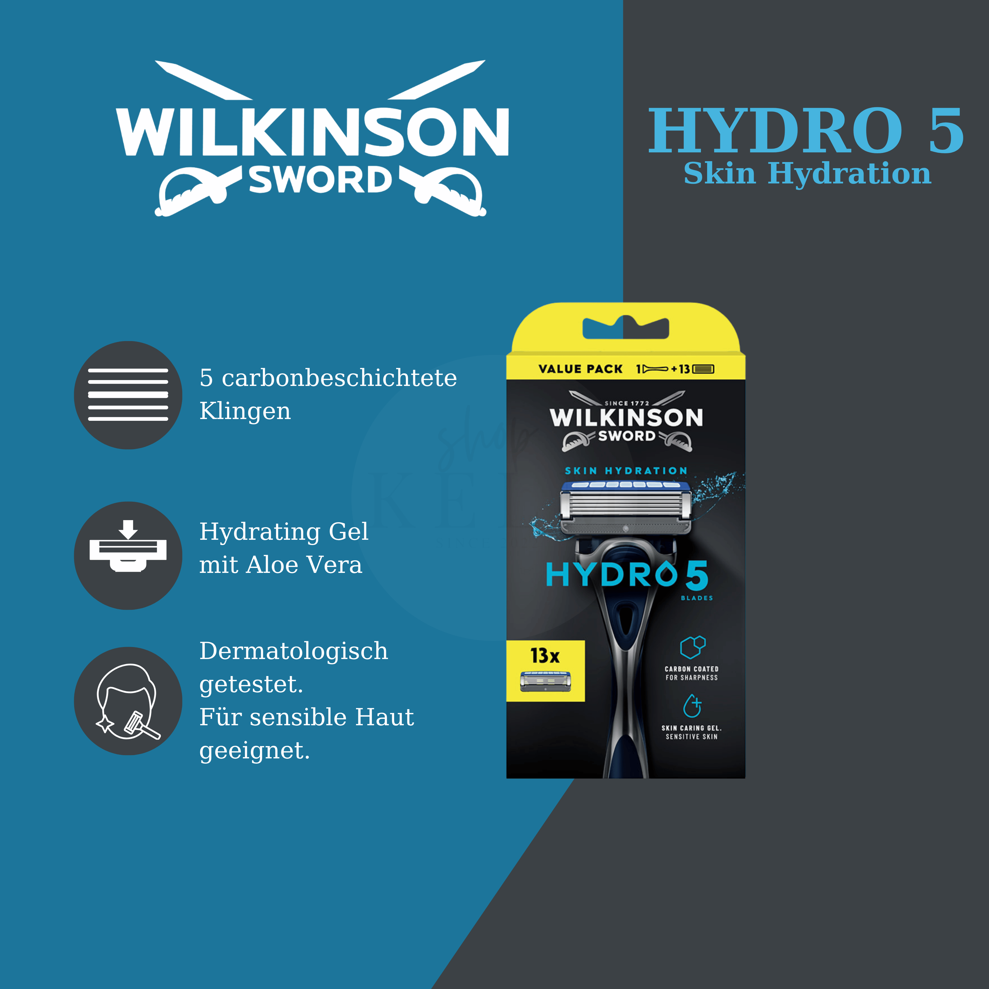Wilkinson Hydro 5 Skin Hydration mit 5 carbonbeschichteten Rasierklingen  und Hydrating Gel mit Aloe Vera