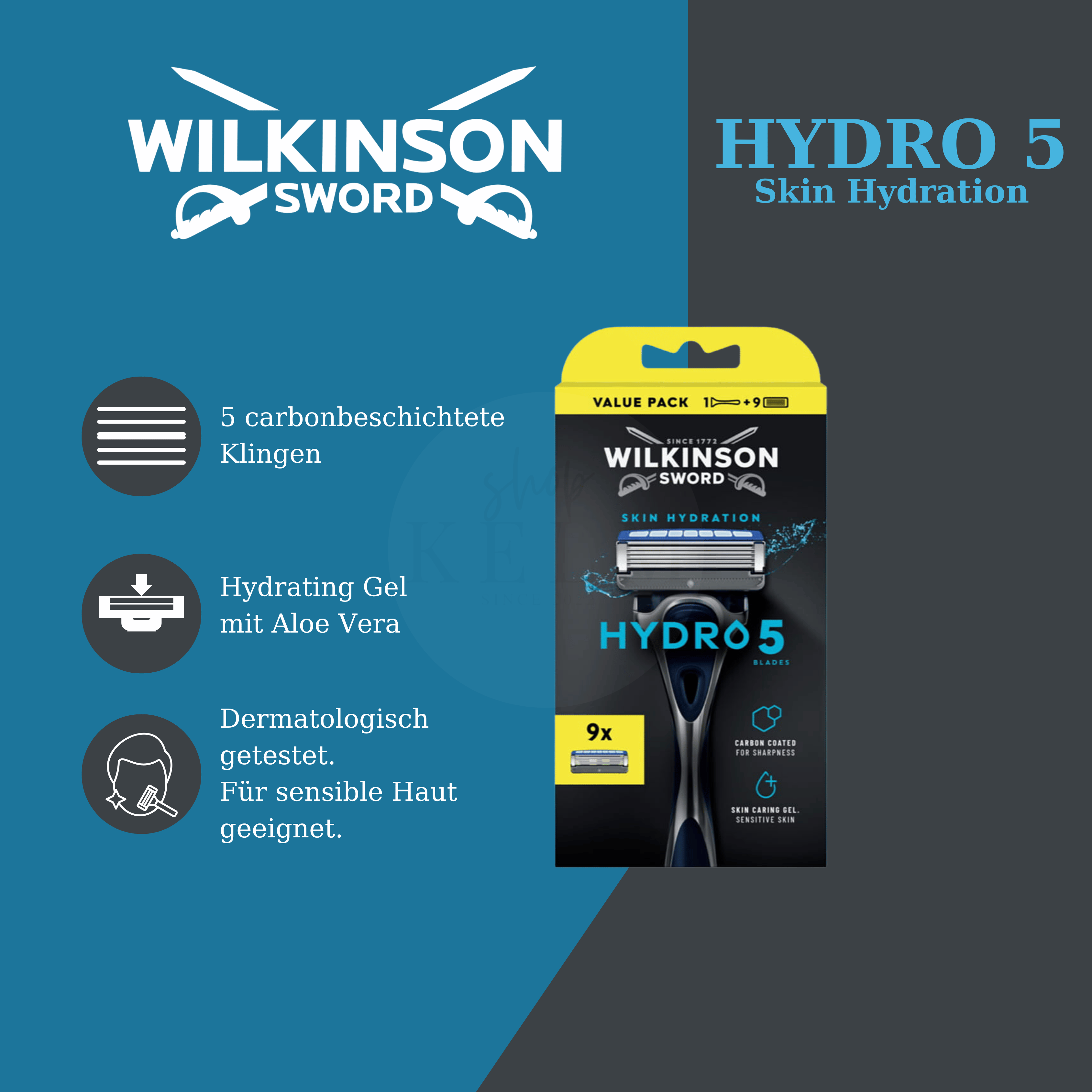 Wilkinson Hydro 5 Skin Hydration mit 5 carbonbeschichteten Klingen und Hydrating Gel mit Aloe Vera