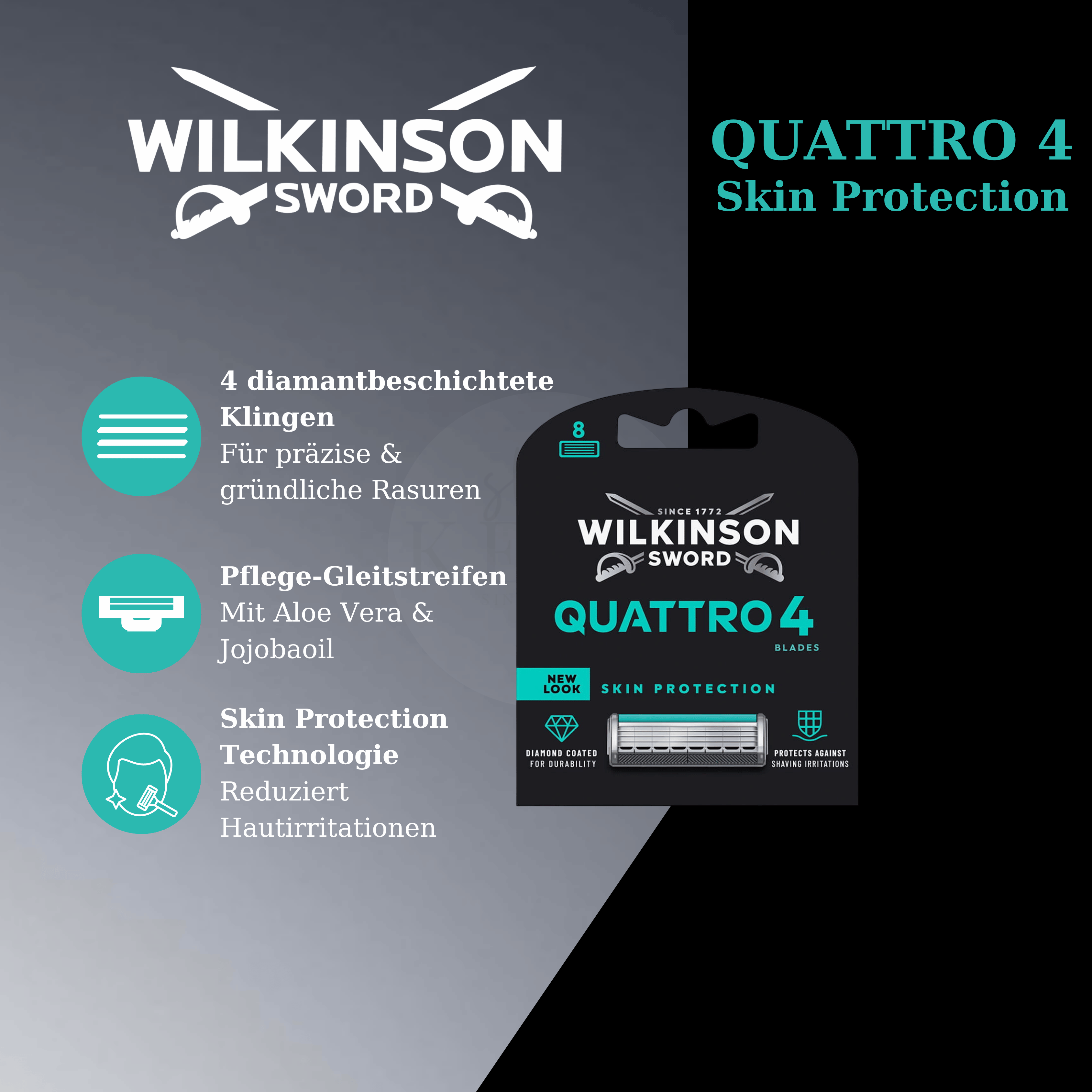 Wilkinson Sword Quattro 4 Skin Protection Ersatzklingen – 4 diamantbeschichtete Klingen, Aloe Vera & Jojobaöl Gleitstreifen und Skin Protection Technologie.