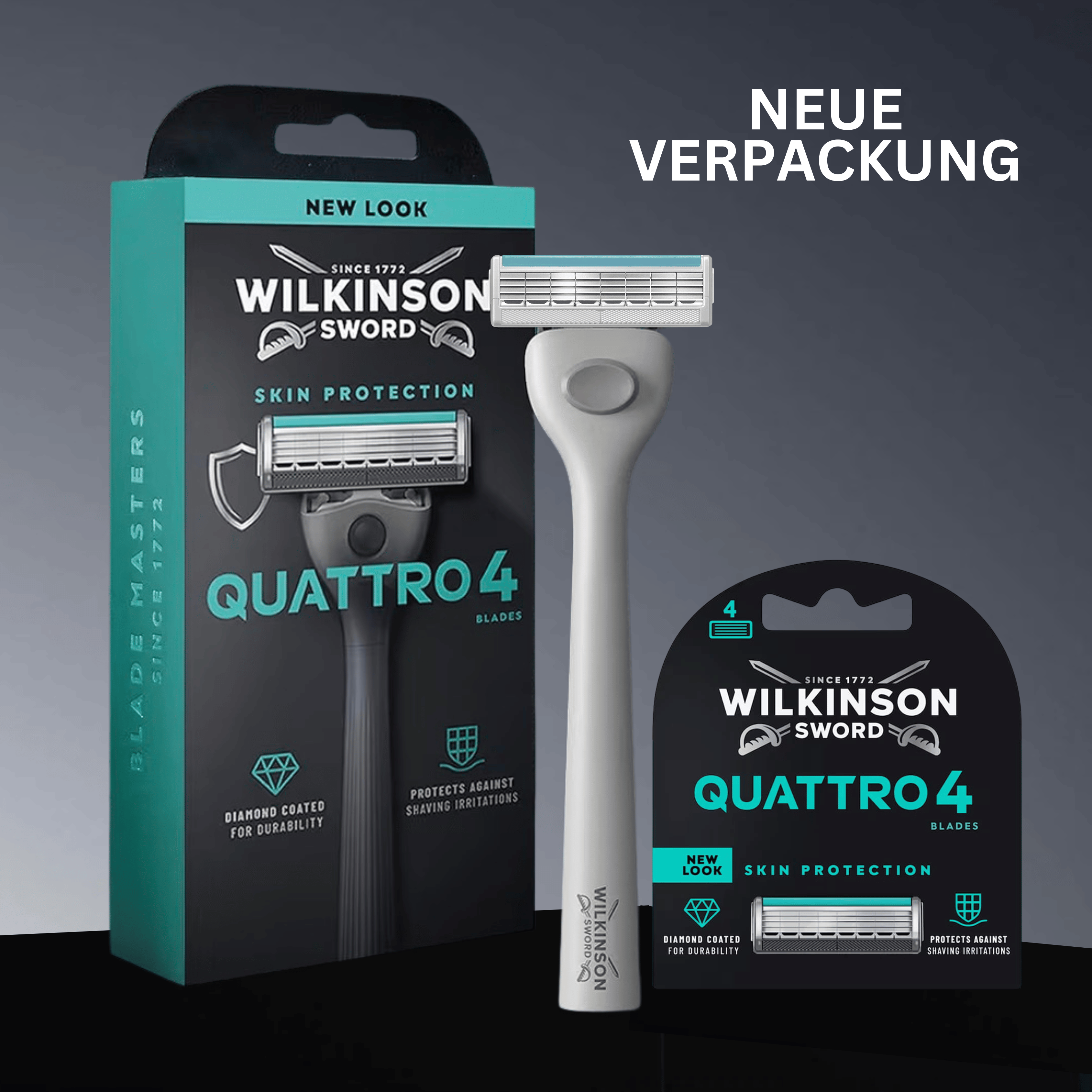 Neue Wilkinson Sword Quattro 4 Skin Protection Verpackung im Vergleich zur bisherigen Verpackung