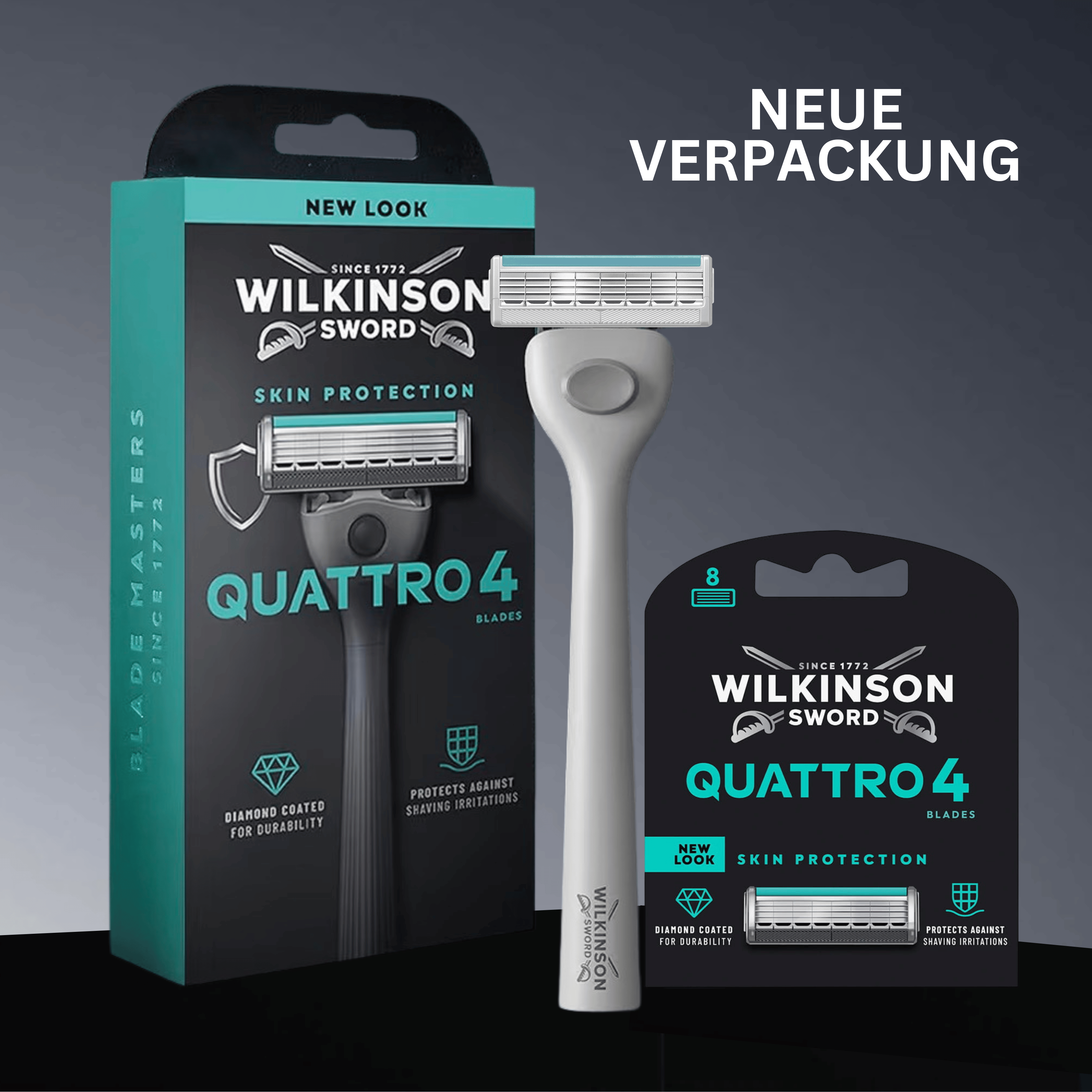 Wilkinson Sword Quattro 4 Skin Protection Rasierer und Ersatzklingen im neuen Verpackungsdesign (New Look).