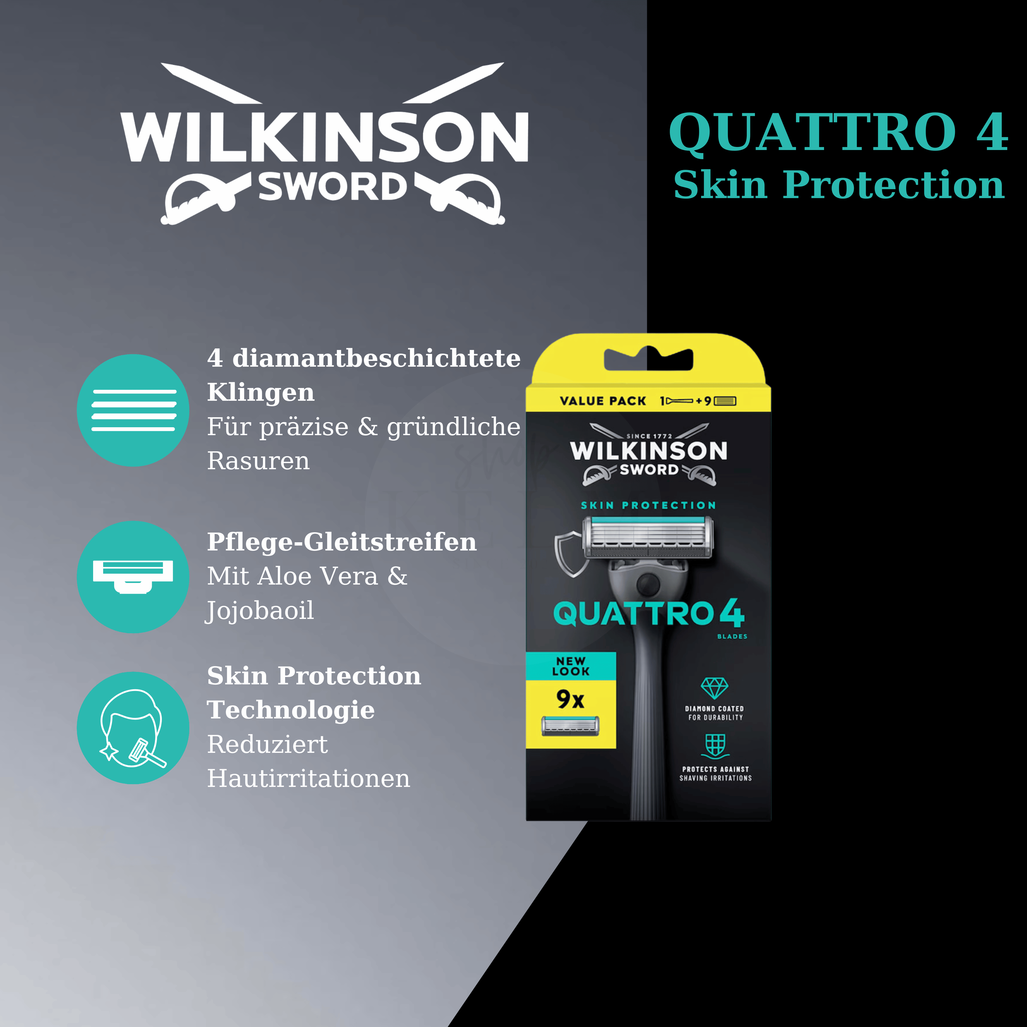 Wilkinson Sword Quattro 4 Skin Protection Rasierer mit 9 Ersatzklingen für langanhaltende Rasur.