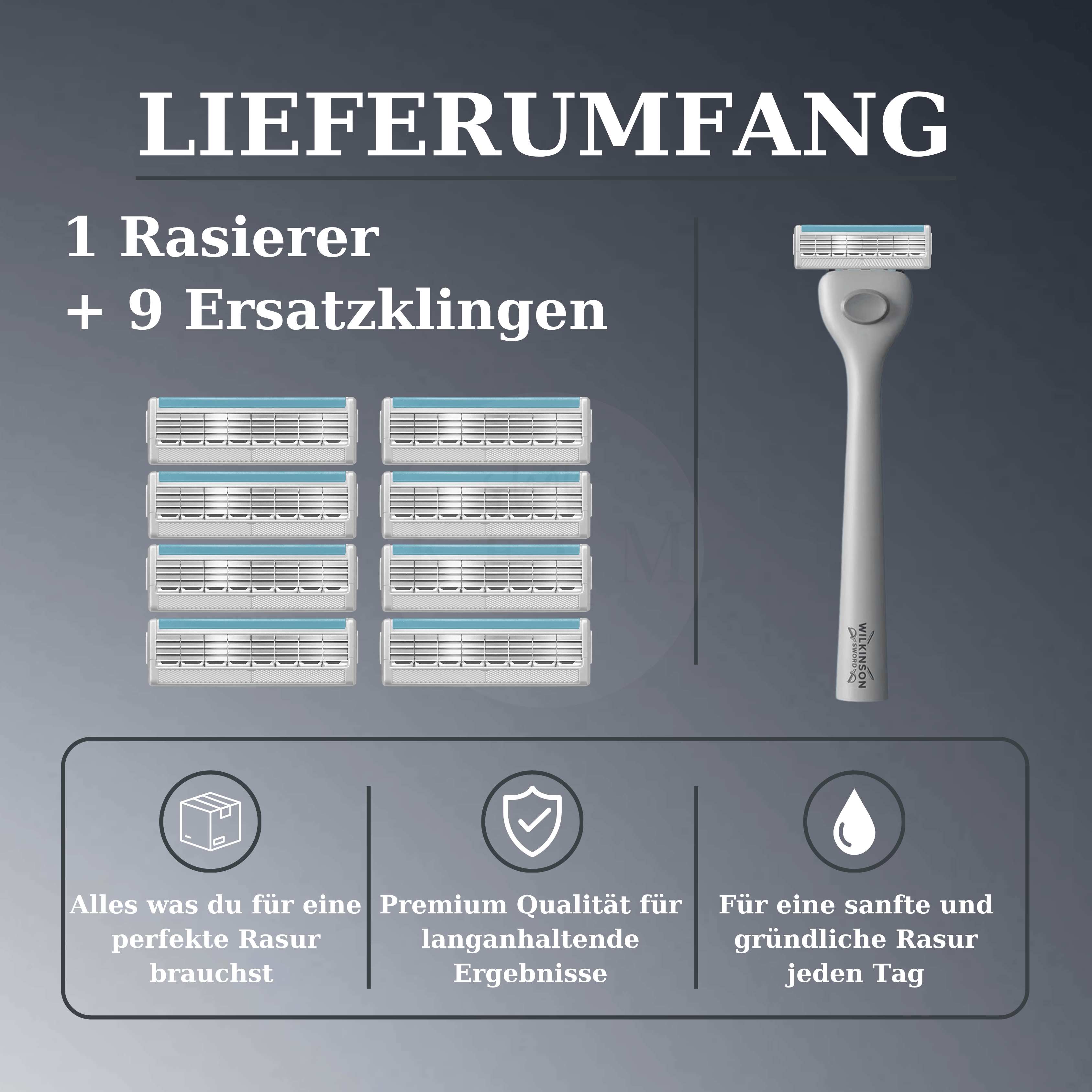 Lieferumfang Wilkinson Sword Quattro 4 Skin Protection Rasierer mit insgesamt 9 Ersatzklingen.