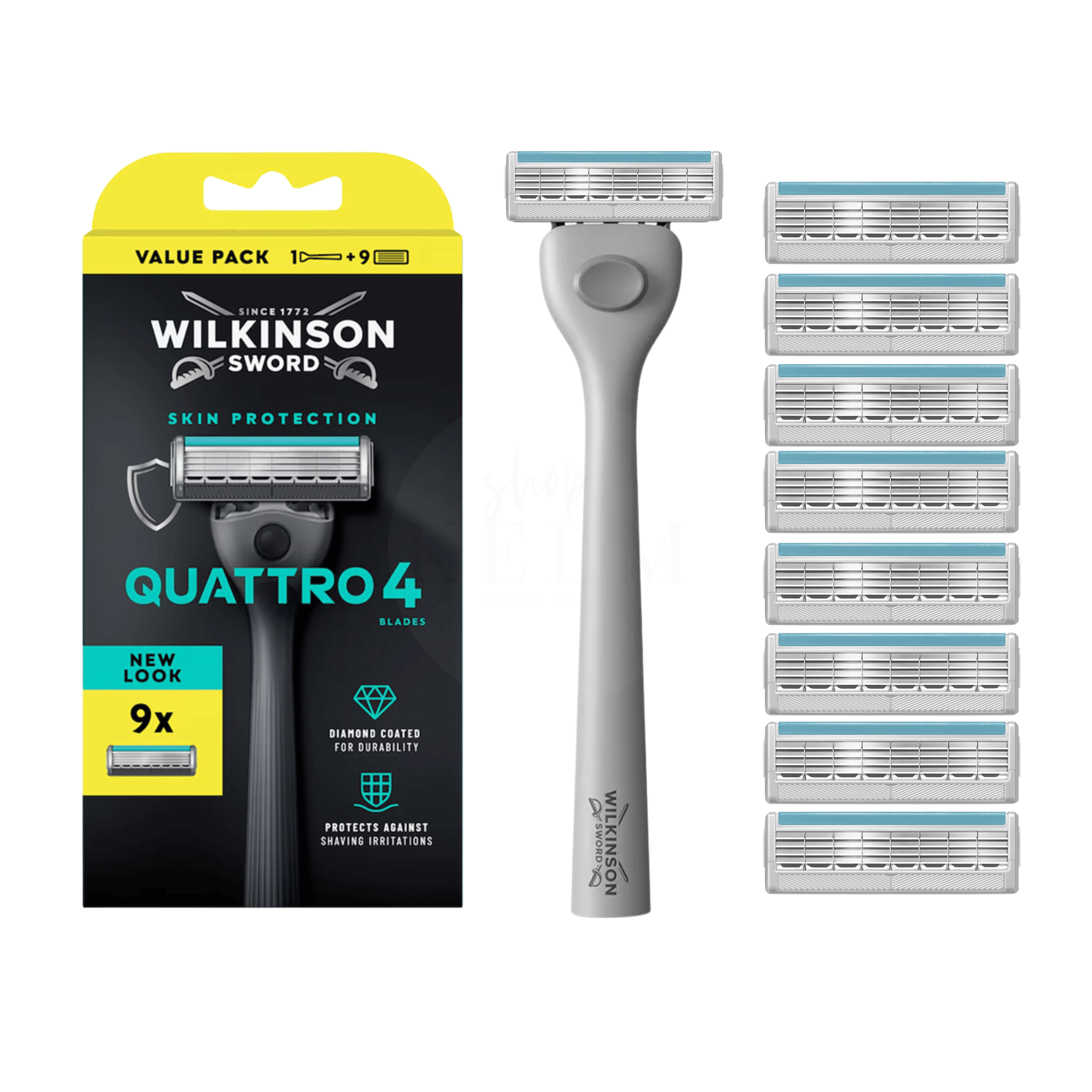 Wilkinson Sword Quattro 4 Skin Protection Rasierer inklusive 9 Ersatzklingen im praktischen Vorteilspack.