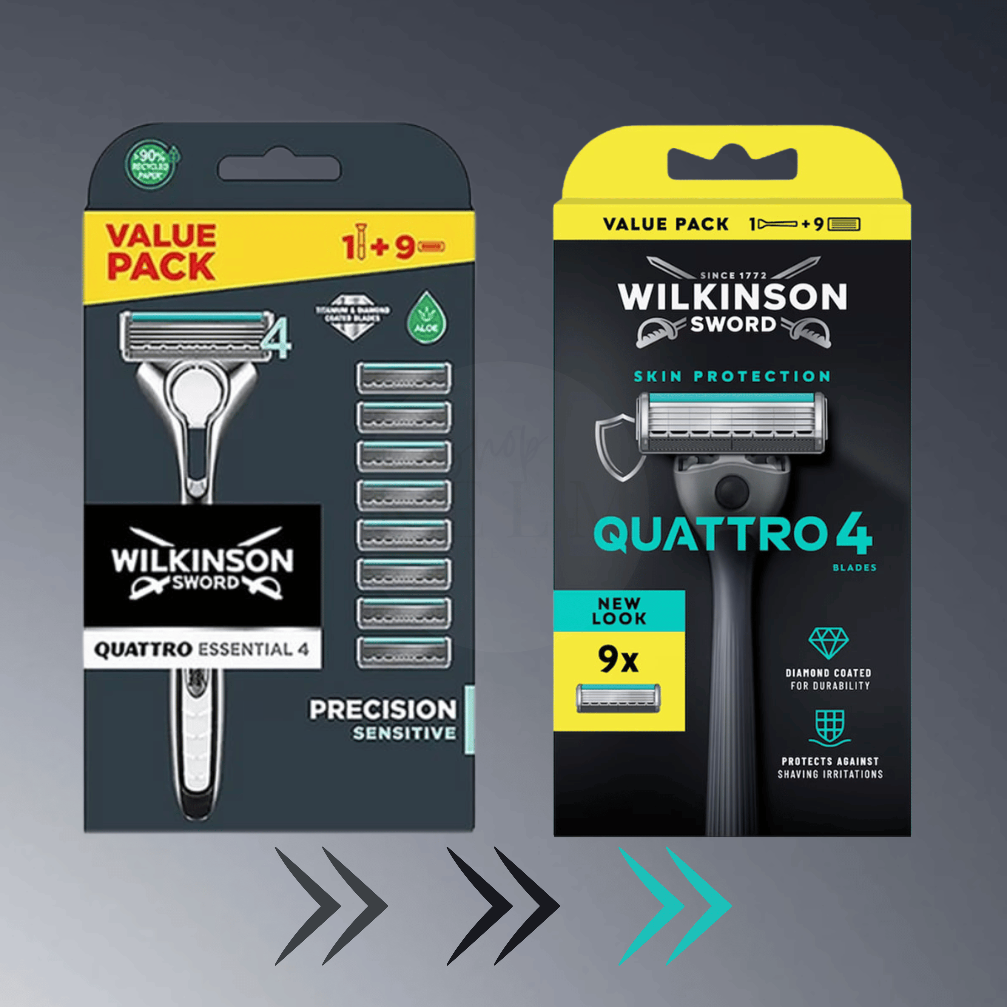 Wilkinson Sword Quattro 4 Skin Protection Rasierer mit 9 Ersatzklingen im neuen Verpackungsdesign 2026.