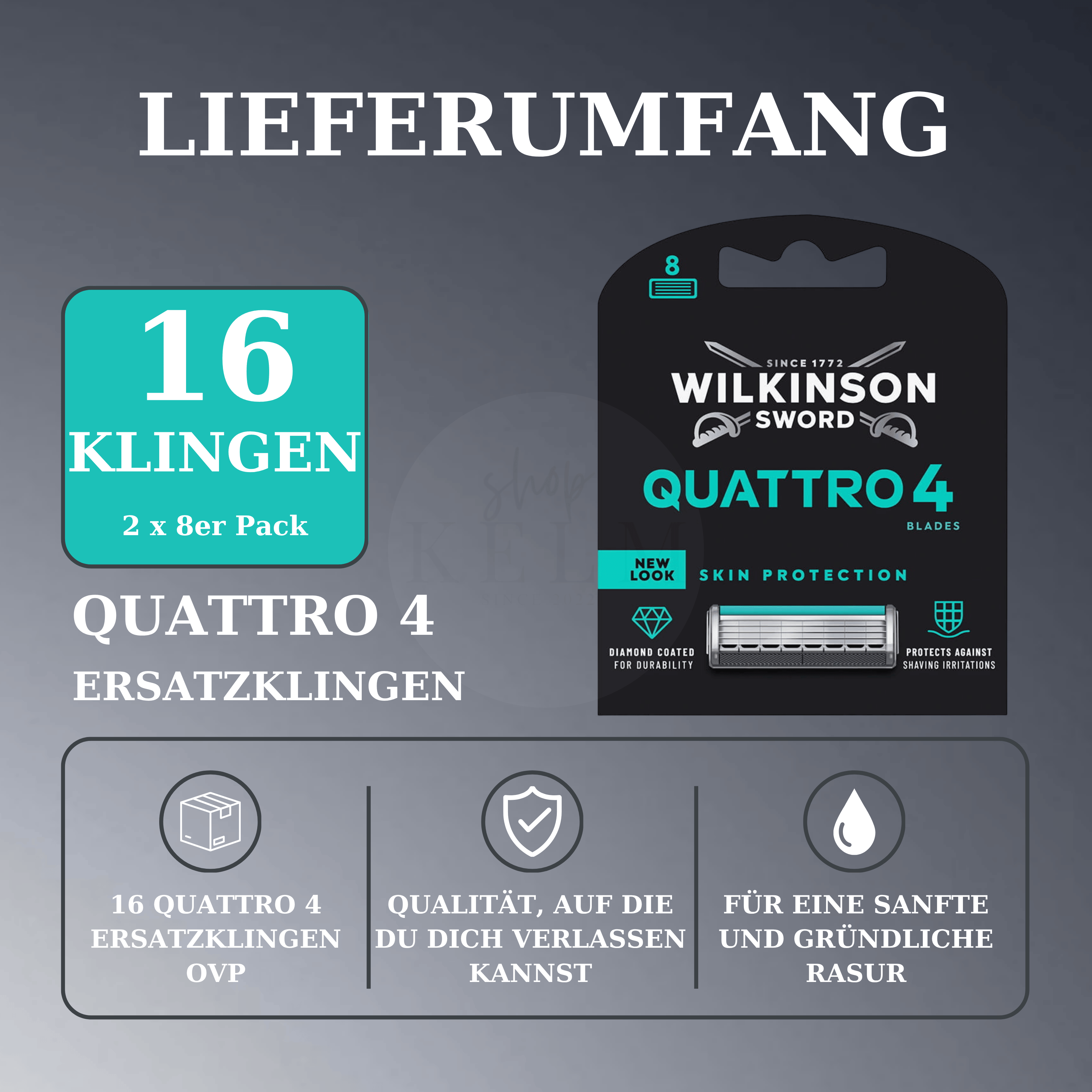 Wilkinson Sword Quattro 4 Skin Protection Ersatzklingen – Lieferumfang mit 16 Rasierklingen (2 × 8er Pack).