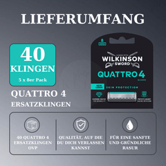 Wilkinson Sword Quattro 4 Skin Protection Ersatzklingen – Lieferumfang mit 40 Rasierklingen (5 × 8er Pack).