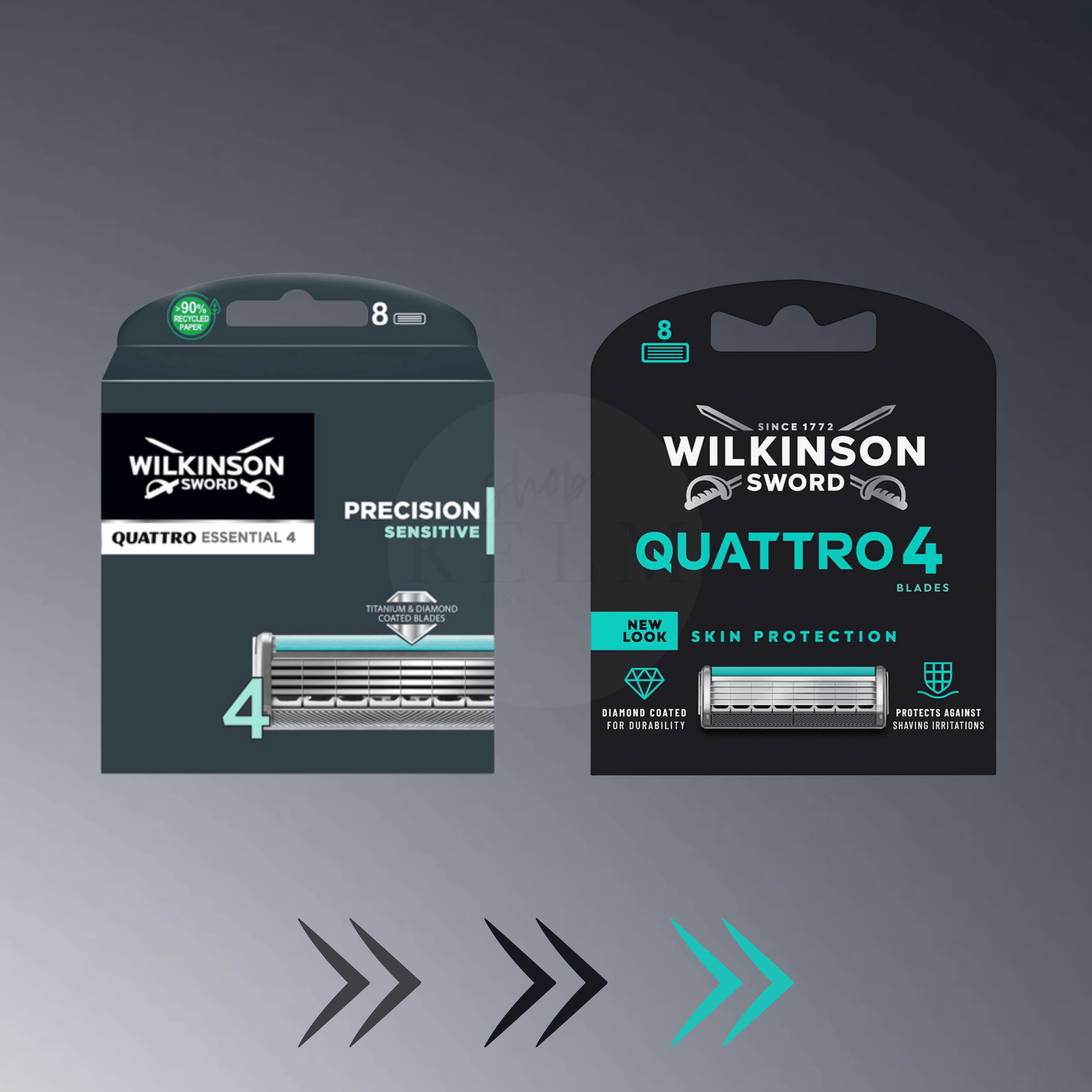 Wilkinson Sword Quattro 4 Skin Protection – neues Verpackungsdesign im Vergleich zur bisherigen Verpackung.