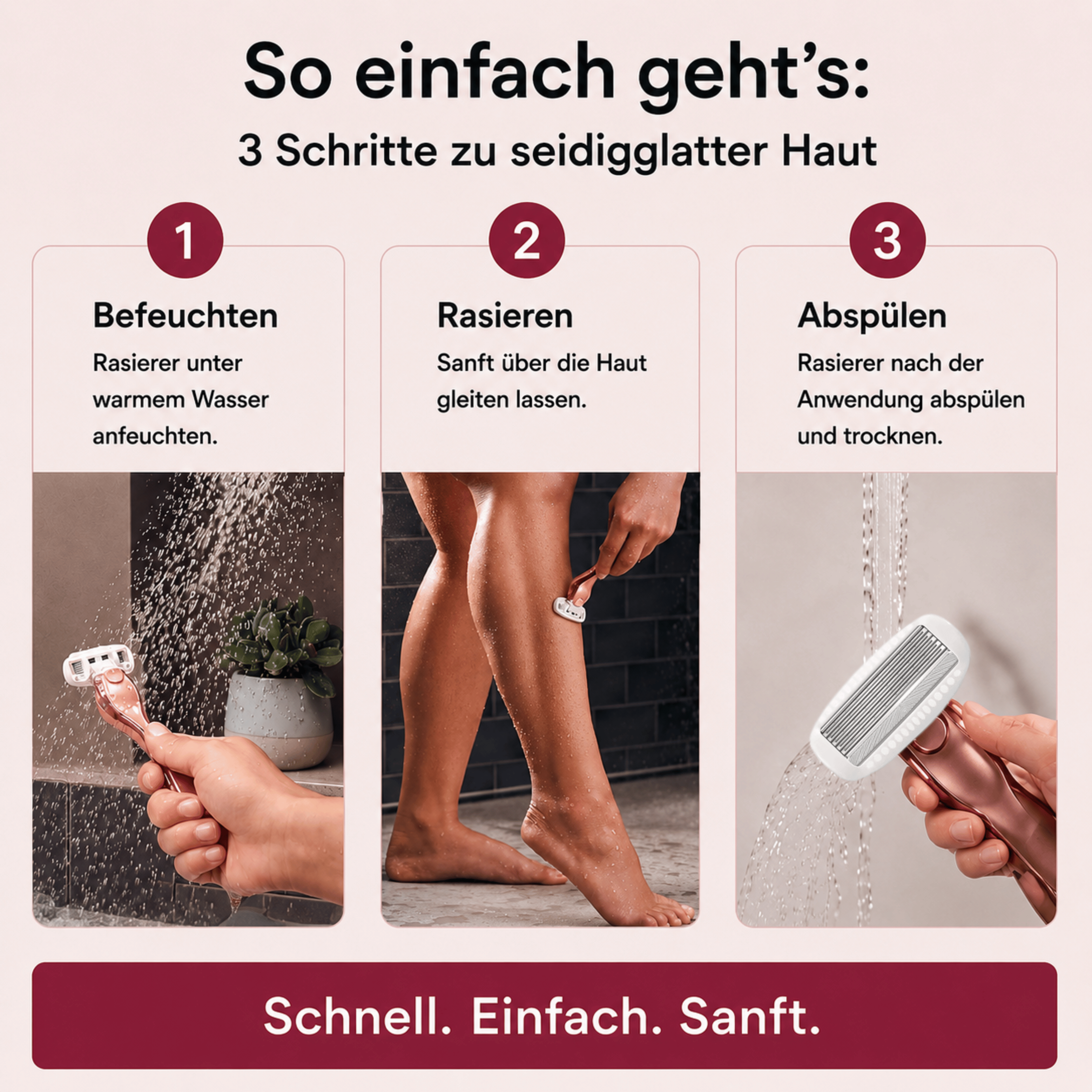 Wilkinson Intuition Complete Care Anwendung in 3 Schritten - Befeuchten, Rasieren und Abspülen