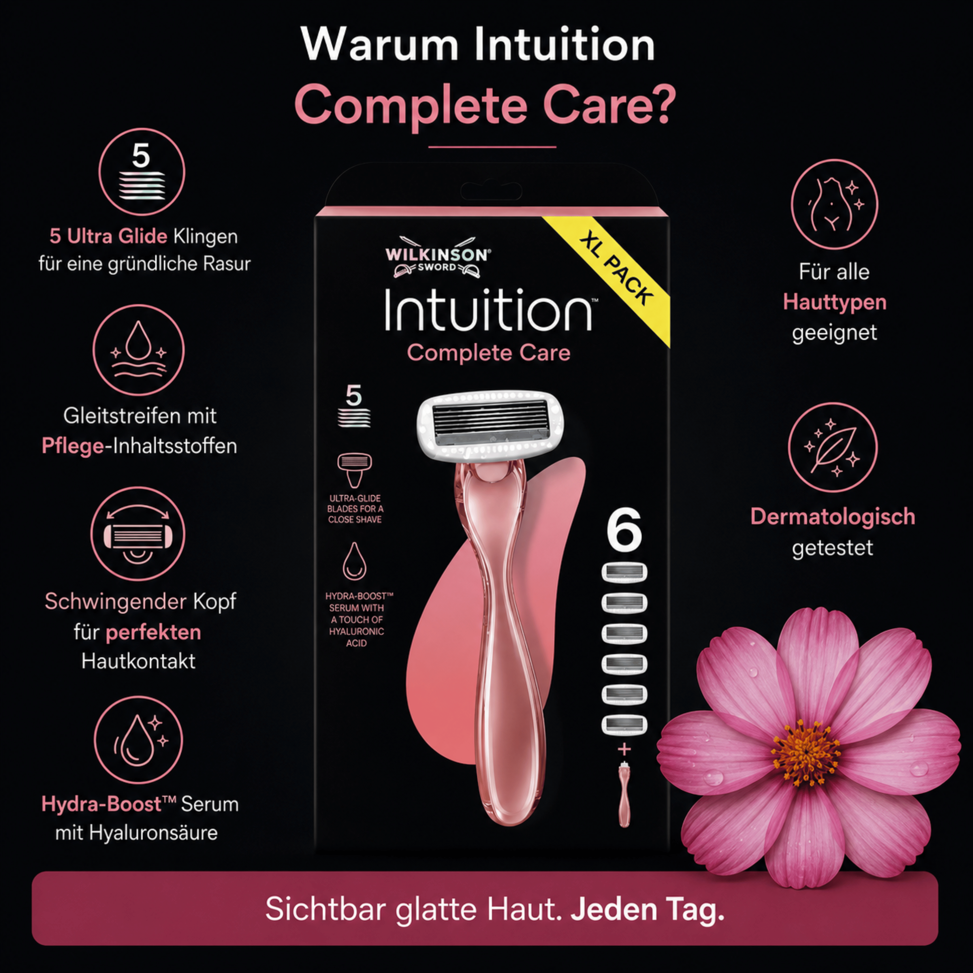 Wilkinson Intuition Complete Care - 5 Ultra Glide Klingen, Hydra-Boost Serum und beweglicher Rasierkopf
