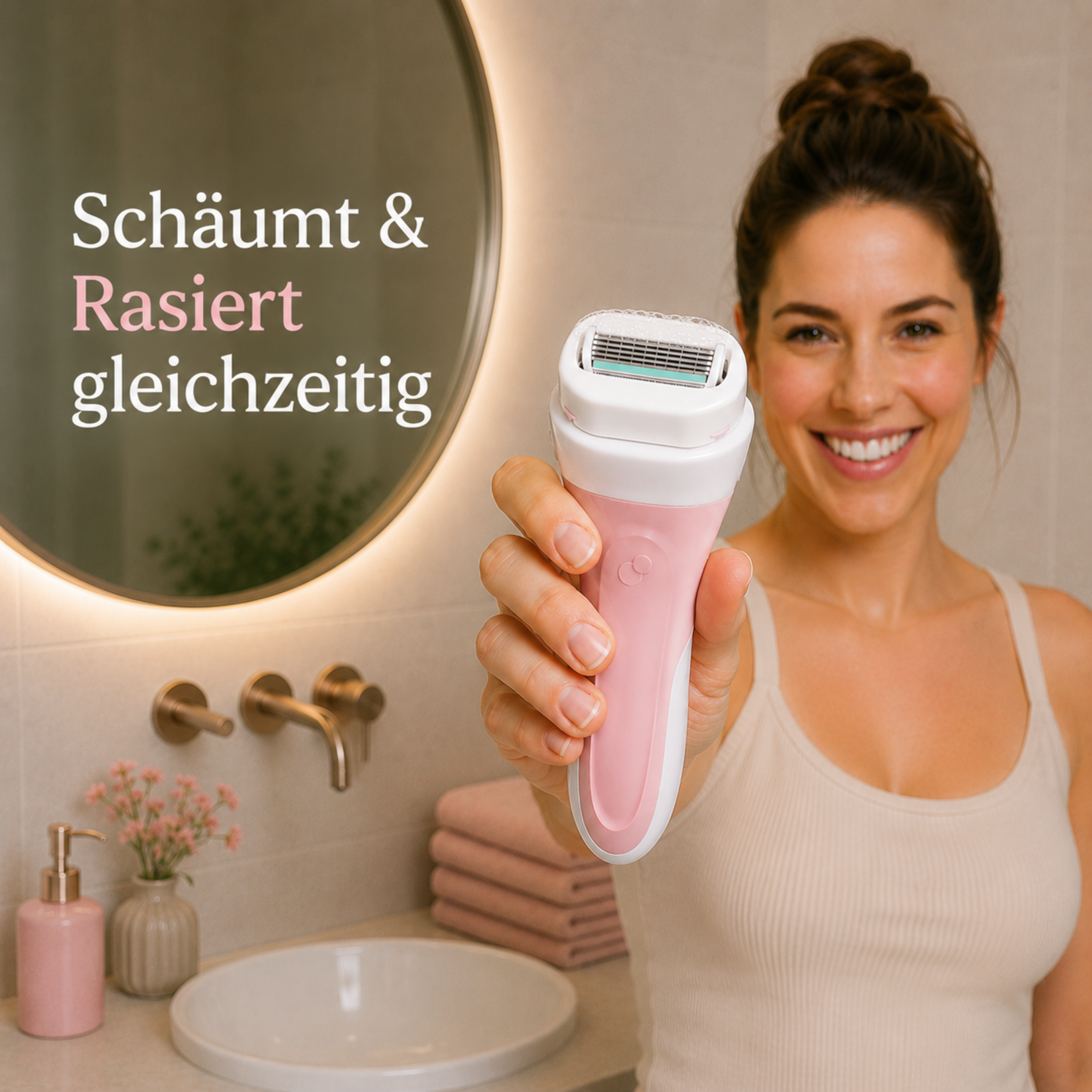 Frau hält den Wilkinson Sword Intuition Nourishing Rasierer im Badezimmer für eine sanfte 2-in-1 Rasur und Hautpflege