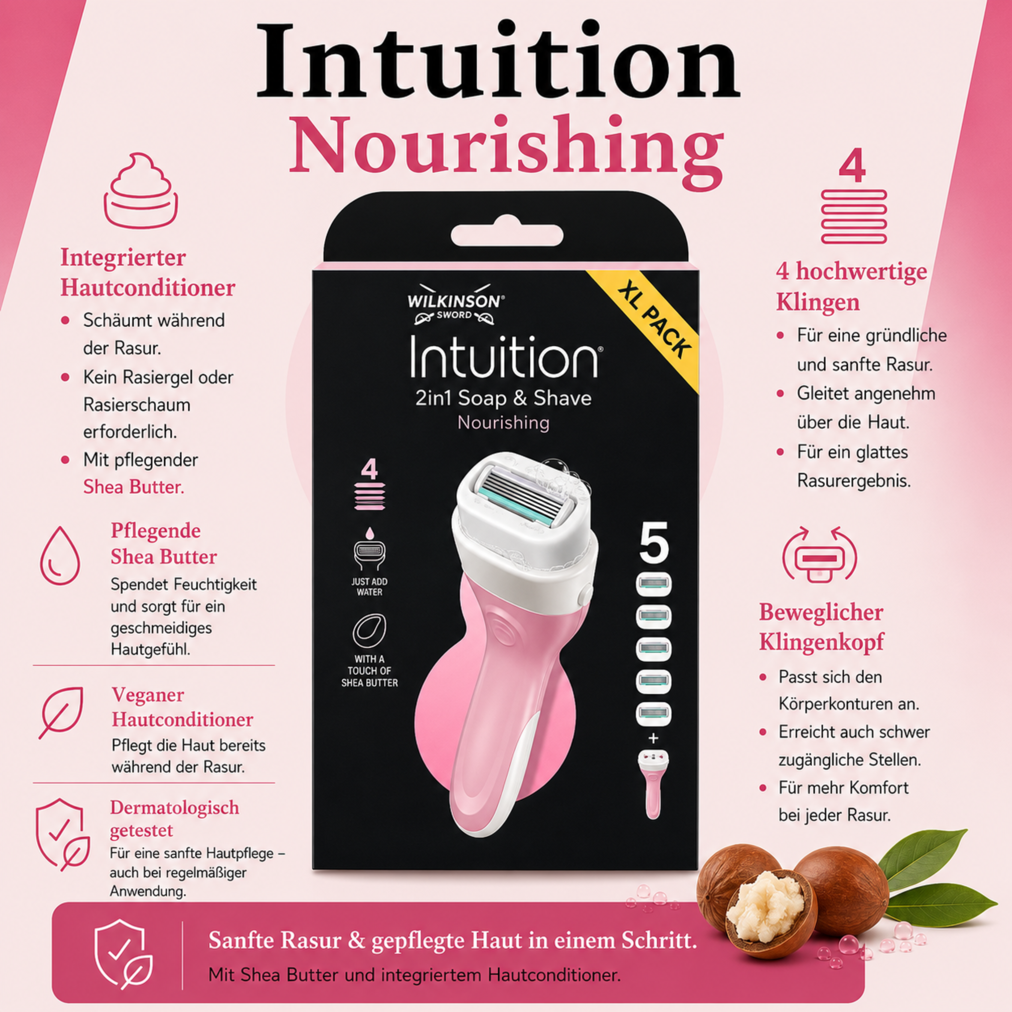 Produktübersicht des Wilkinson Sword Intuition Nourishing Rasierers mit integriertem Hautconditioner, 4 Präzisionsklingen und beweglichem Klingenkopf