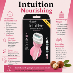 Produktübersicht des Wilkinson Sword Intuition Nourishing Rasierers mit integriertem Hautconditioner, 4 Präzisionsklingen und beweglichem Klingenkopf
