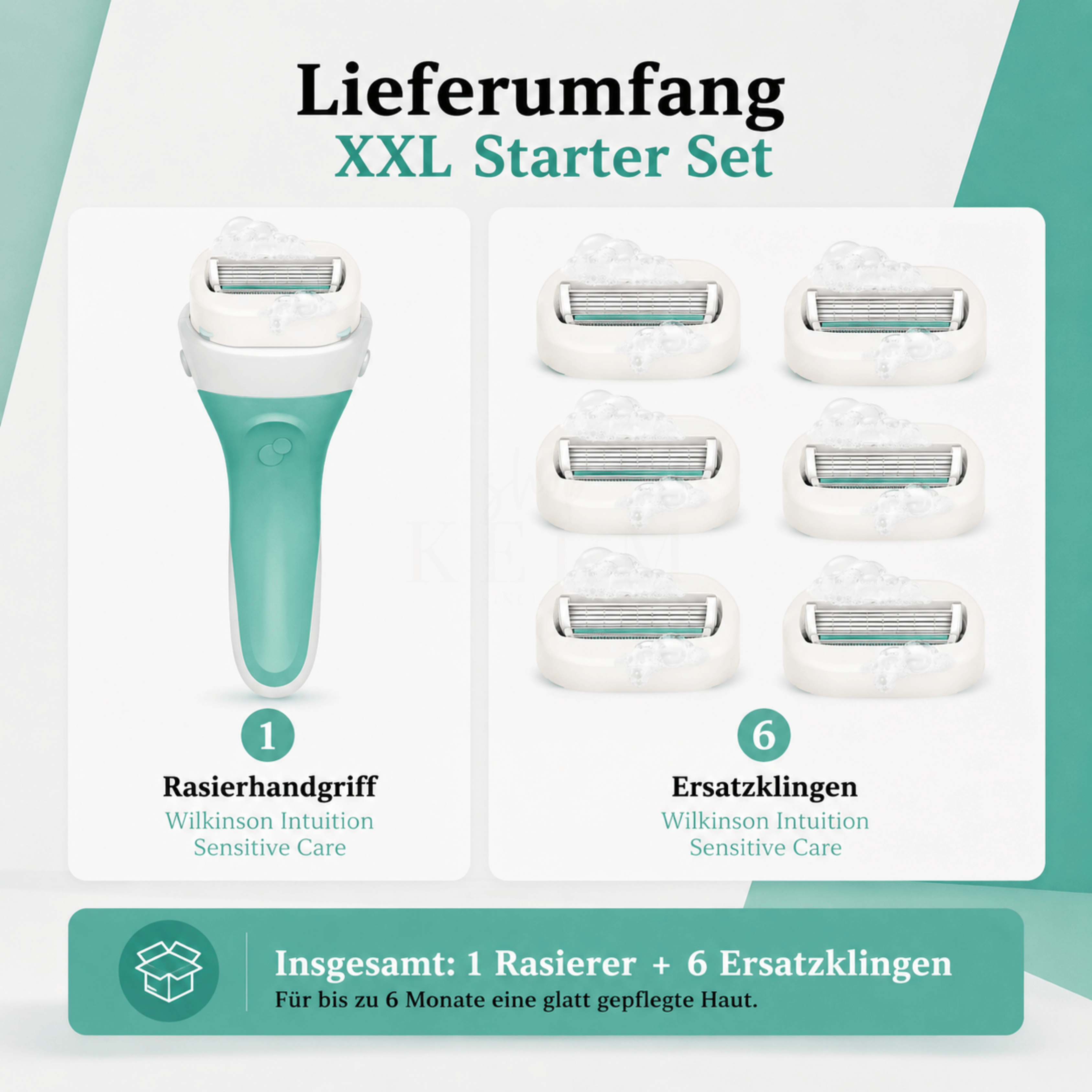 Lieferumfang Wilkinson Intuition Sensitive Care XXL Starter Set mit Rasierer und 6 Ersatzklingen