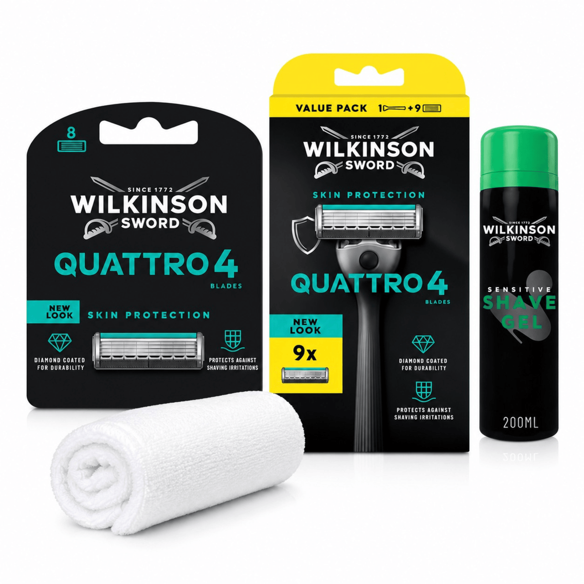 Wilkinson Sword Quattro 4 Skin Protection Premium Set mit Sensitive Rasiergel, 17 Original Ersatzklingen, Original Rasierer und gratis Gesichtshandtuch