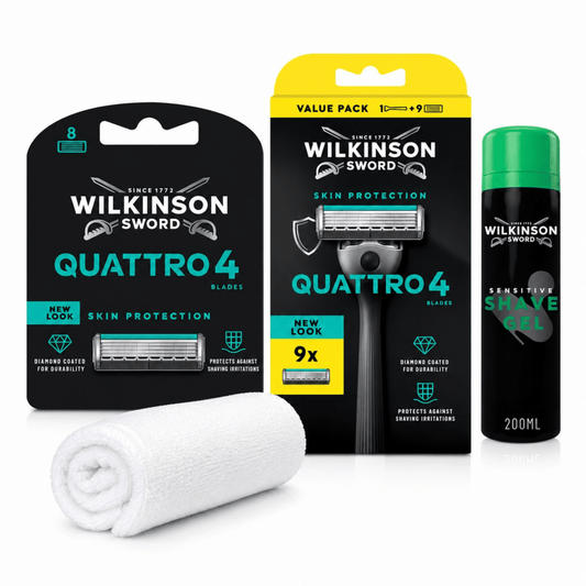 Wilkinson Sword Quattro 4 Skin Protection Premium Set mit Sensitive Rasiergel, 17 Original Ersatzklingen, Original Rasierer und gratis Gesichtshandtuch