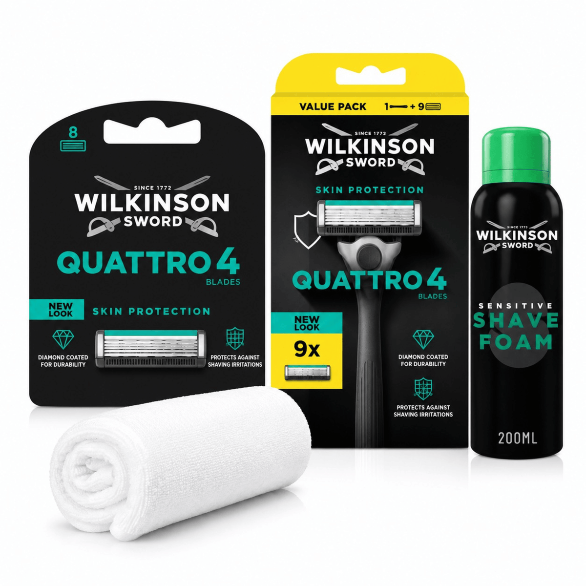 Wilkinson Sword Quattro 4 Premium Set mit Sensitive Rasierschaum, 17 Original Ersatzklingen und gratis Gesichtshandtuch auf weißem Hintergrund