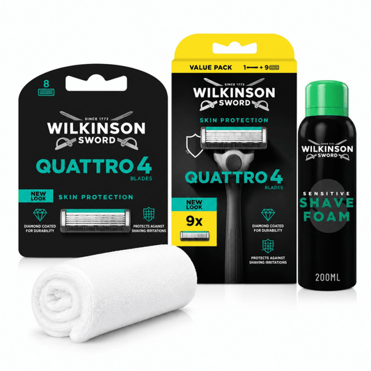 Wilkinson Sword Quattro 4 Premium Set mit Sensitive Rasierschaum, 17 Original Ersatzklingen und gratis Gesichtshandtuch auf weißem Hintergrund