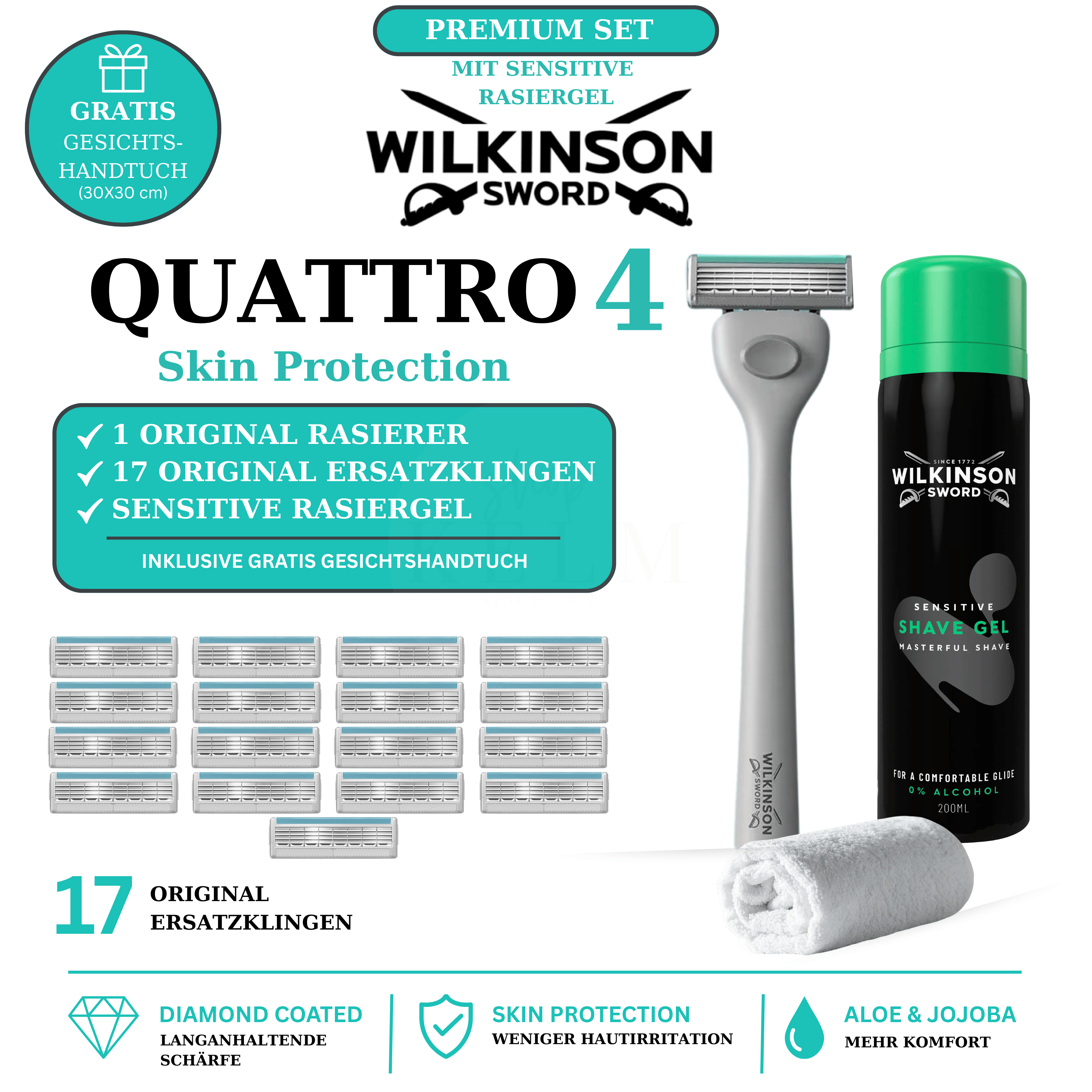 Wilkinson Sword Quattro 4 Skin Protection Premium Set mit Sensitive Rasiergel – Lieferumfang, Produktvorteile, 17 Original Ersatzklingen und gratis Gesichtshandtuch