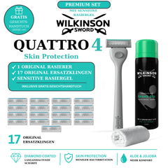 Wilkinson Sword Quattro 4 Skin Protection Premium Set mit Sensitive Rasiergel – Lieferumfang, Produktvorteile, 17 Original Ersatzklingen und gratis Gesichtshandtuch