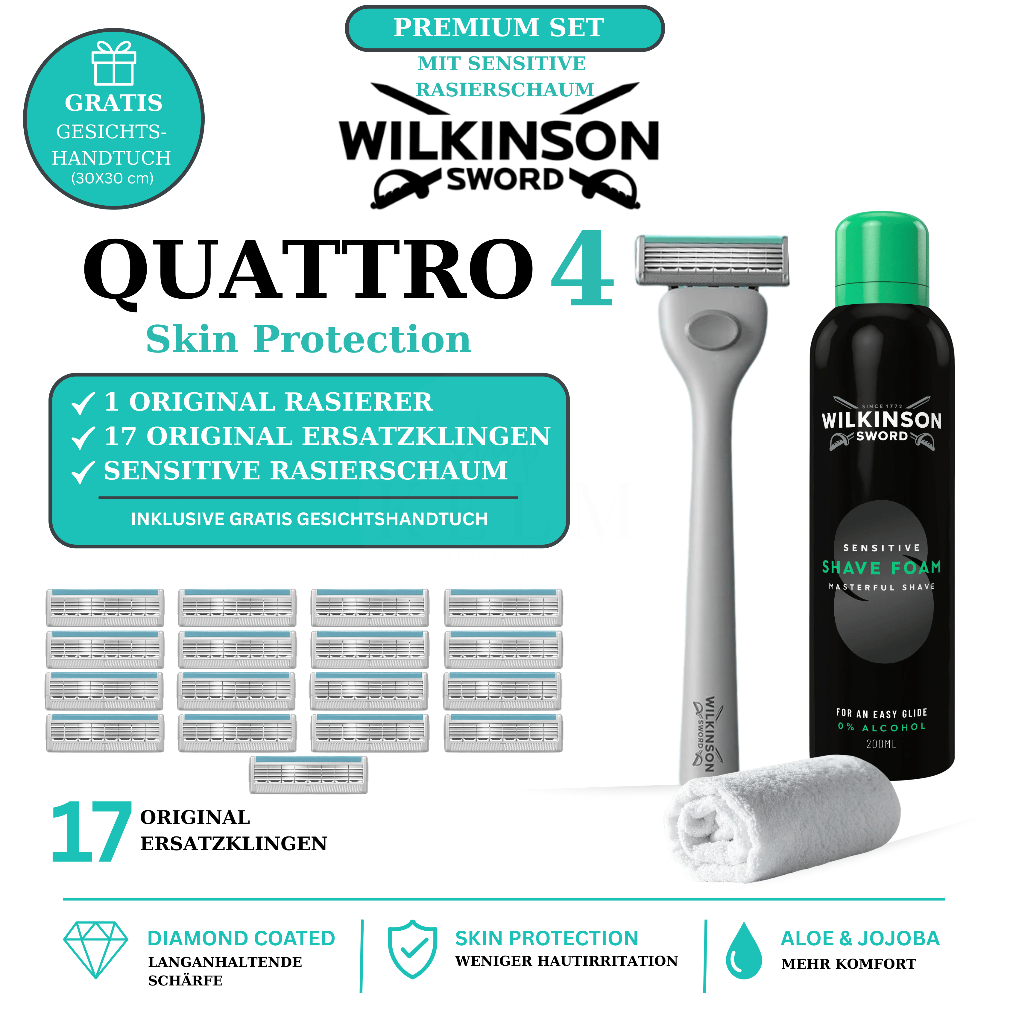 Wilkinson Sword Quattro 4 Premium Set Infografik mit 17 Original Ersatzklingen, Sensitive Rasierschaum, gratis Gesichtshandtuch und Skin Protection Vorteilen