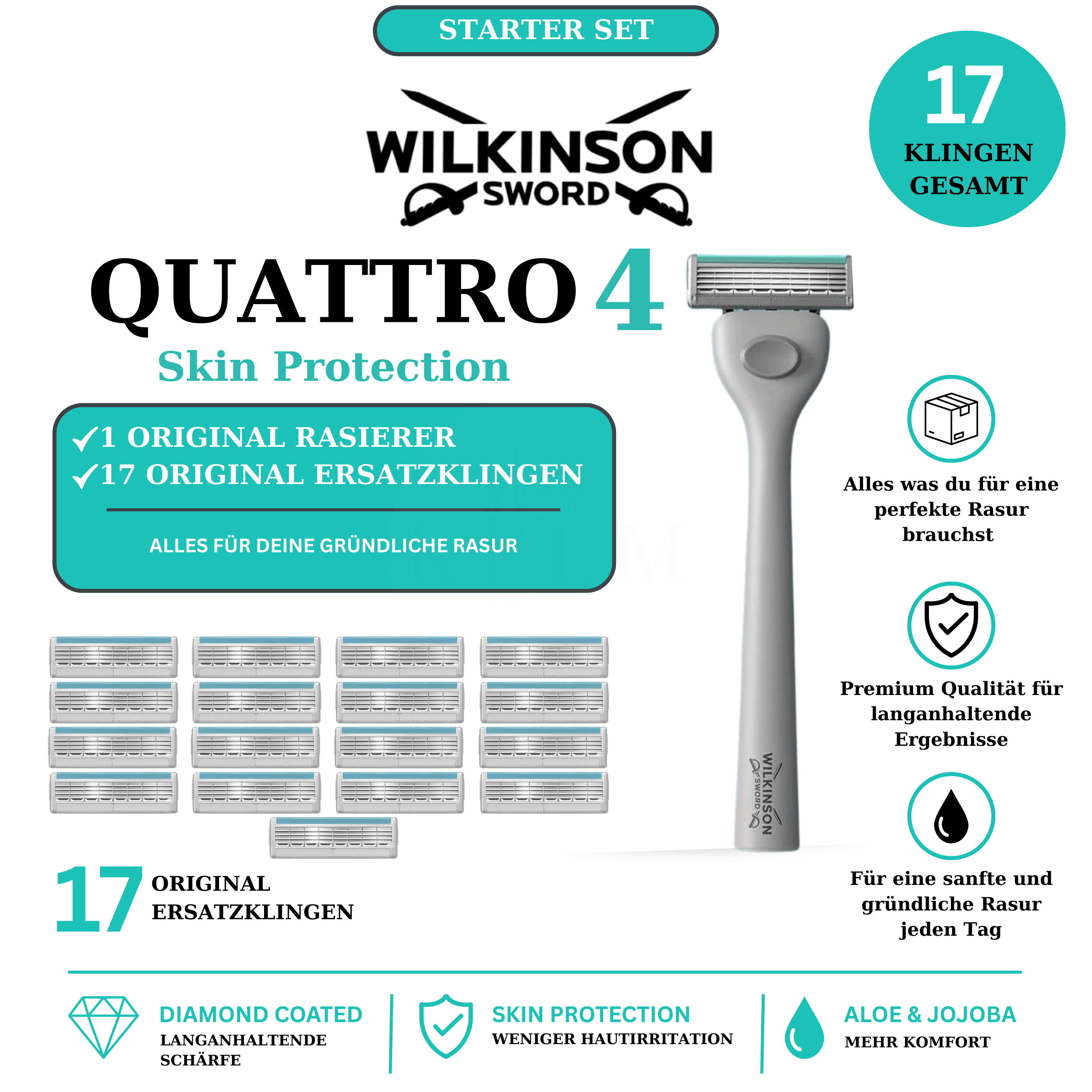 Wilkinson Sword Quattro 4 Skin Protection Starter Set mit Rasierer und 17 Original Ersatzklingen
