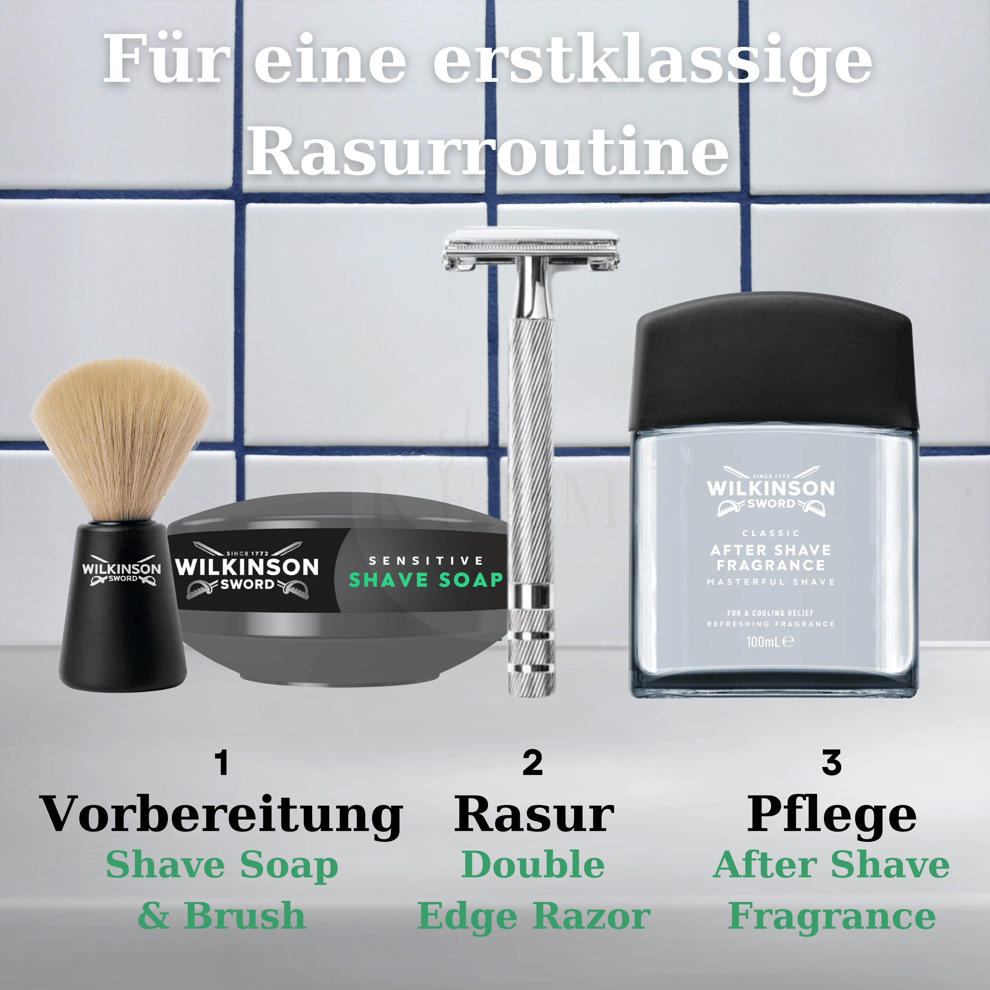 Klassische Rasurroutine mit Wilkinson Sword Rasierpinsel, Rasierseife, Rasierhobel und After Shav