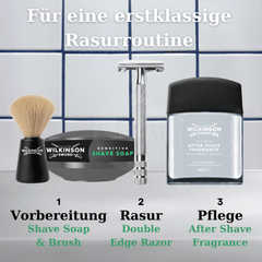 Klassische Rasurroutine mit Wilkinson Sword Rasierpinsel, Rasierseife, Rasierhobel und After Shav